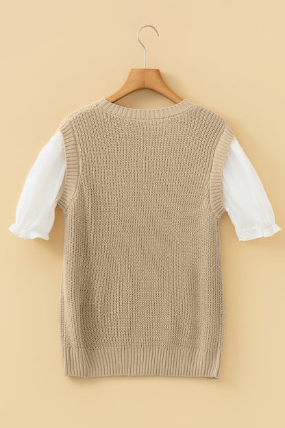 Light French Beige Contrast Short Sleeve Patchwork Sweater