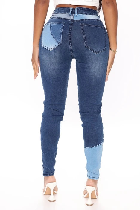 Plus Size Women Mid Waist Stretchy Patchwork Denim Pants Jeans