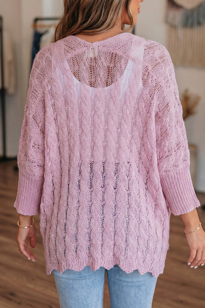 Old Rose Hollow Knit Drop Shoulder Cardigan Sweater