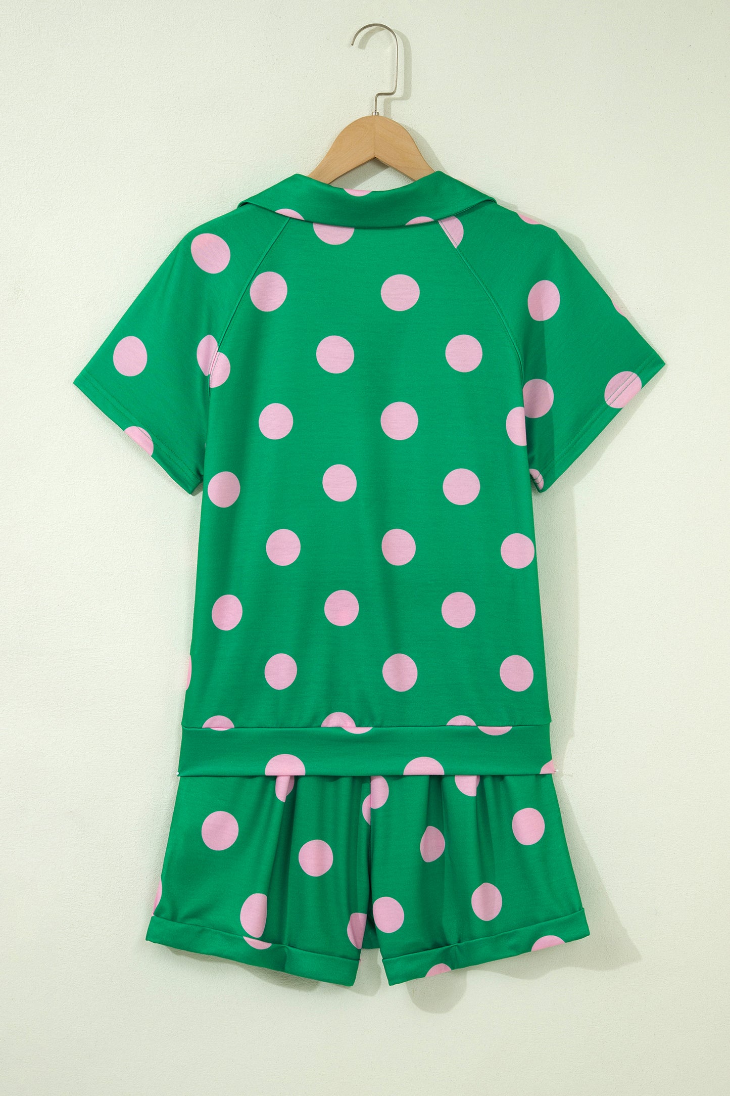 Green Polka Dot Lounge Set V Neck Tee and Shorts