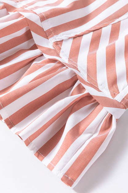 Khaki Stripe Button Front Shirt Ruffle Hem Peplum Top