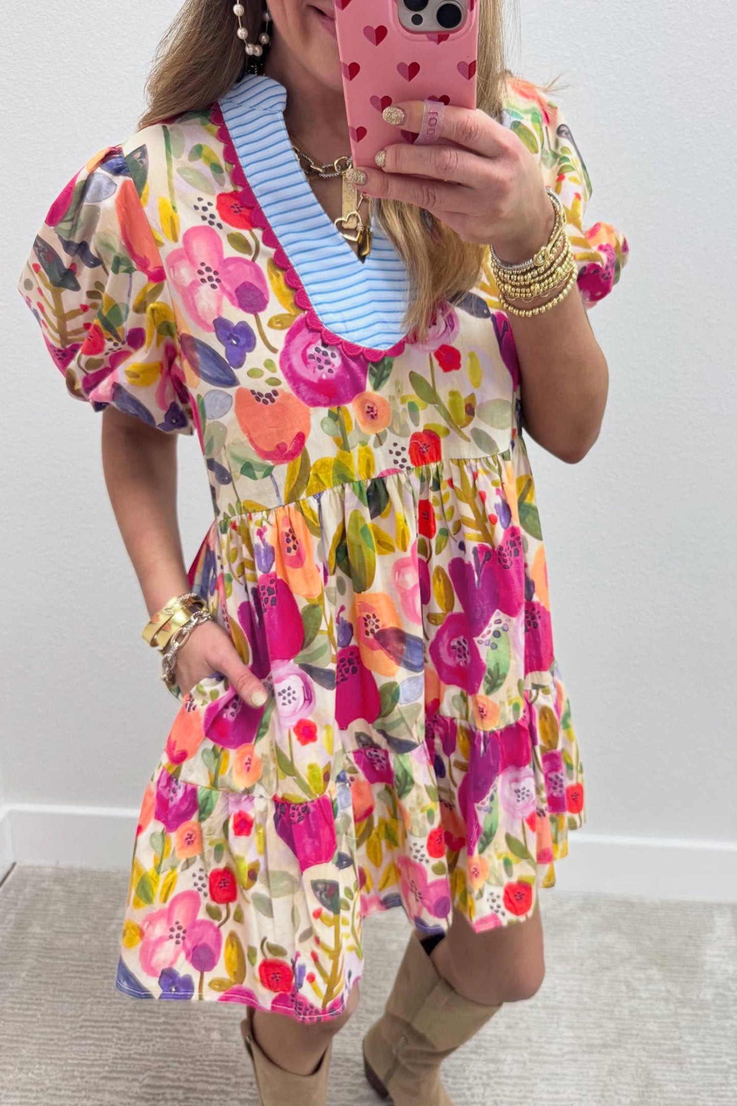 Easter Floral Ricrac Trim V Neck Tiered Mini Dress