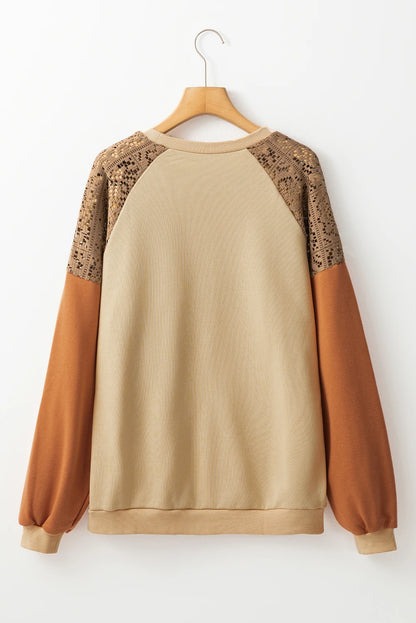 Customizable Khaki Lace Patchwork Colorblock Drop Shoulder Sweatshirt