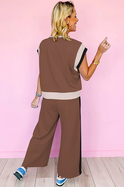 Navy Color Block Lounge Set Wide Leg Pants 2 Piece