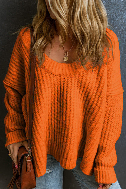 Orange Ribbed Knit Sweater Oversized Wide Neck Pullover
