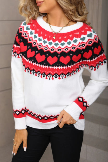 Valentine Sweet Heart Pattern White Knit Sweater Women