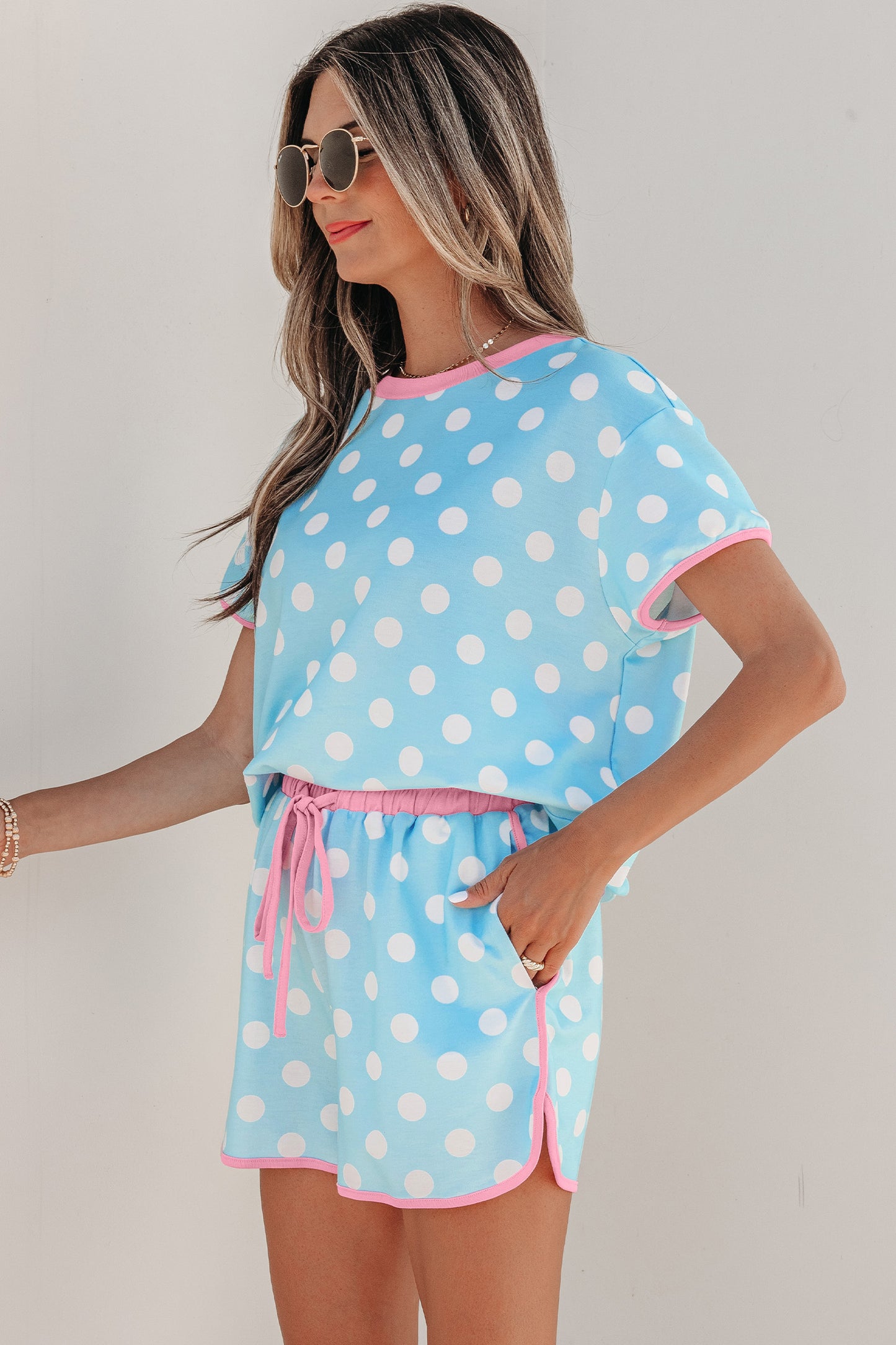 Polka Dot Lounge Set Contrast Trim Tee and Shorts