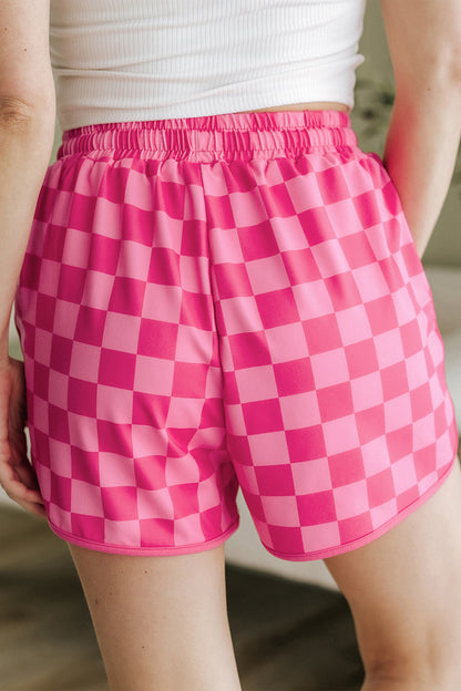 Rose Checkered Drawstring High Waist Casual Shorts