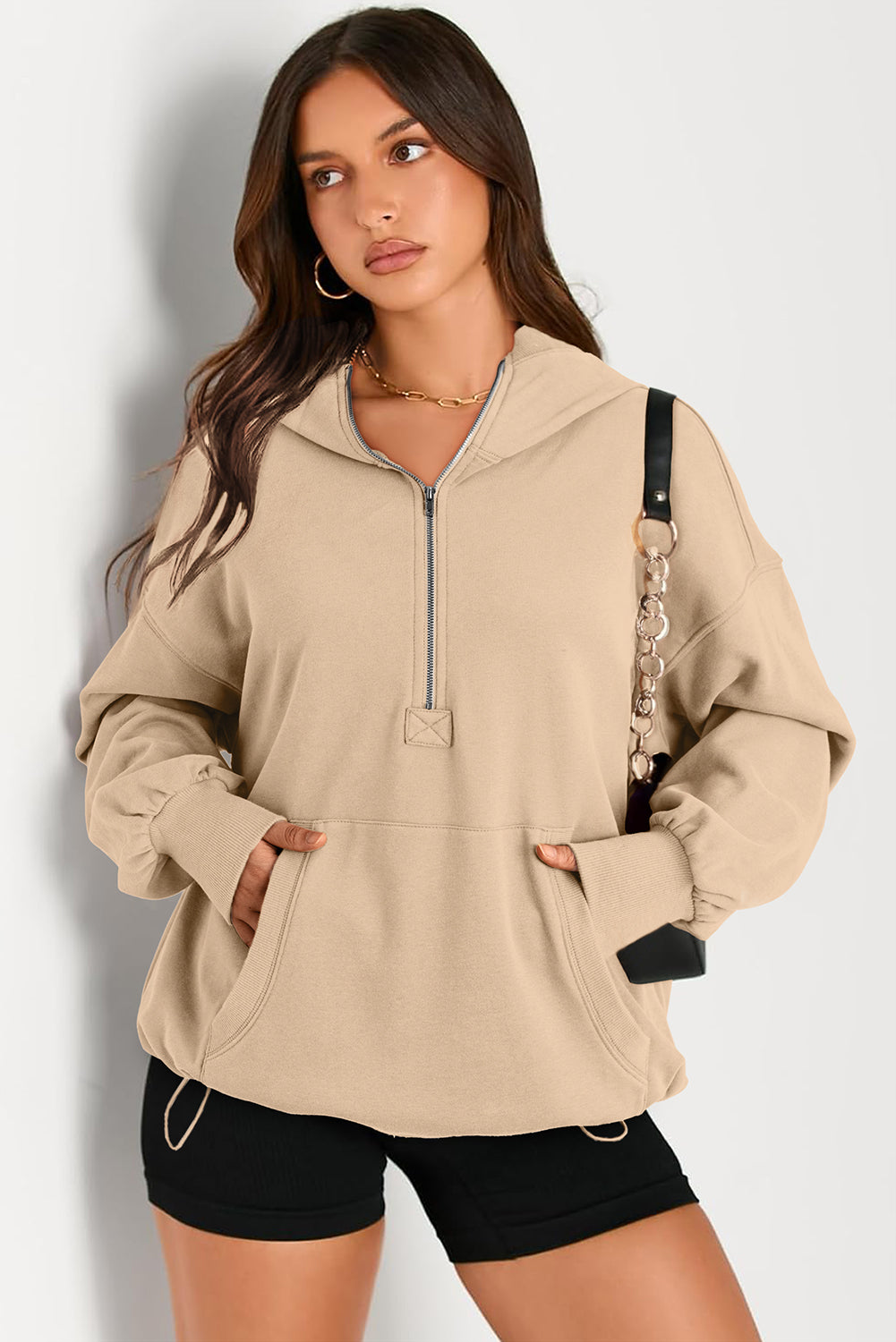 Solid Kangaroo Pocket Half Zipper Oversized Hoodie