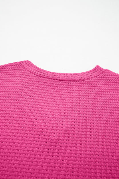 Strawberry Pink Waffle Knit V Neck Short Sleeve Casual Top