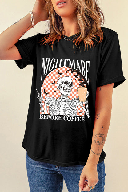 Black Nightmare Coffee Skeleton Halloween Graphic T Shirt
