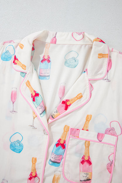 Valentine’s Day White Plus Size Wine Print Bow Pajama Set
