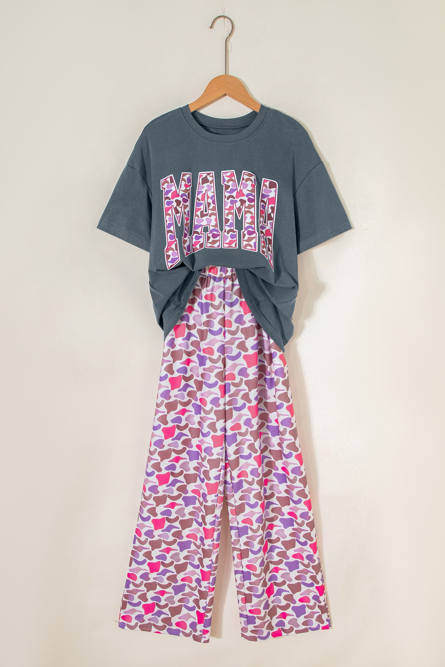 Grey MAMA Graphic Tee and Pink Camo Pants Set