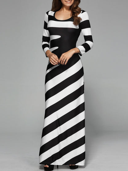 Striped T-Shirt Maxi Dress 3/4 Sleeve Black White Casual
