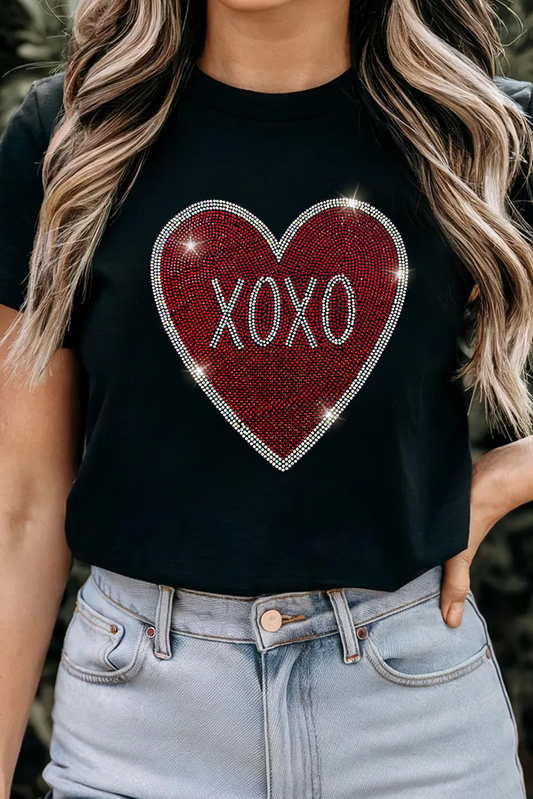 Valentine’s Day Black Rhinestone XOXO Heart Graphic Tee