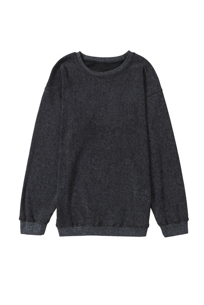 Customizable Solid Ribbed Knit Round Neck Casual PulloverSweatshirt