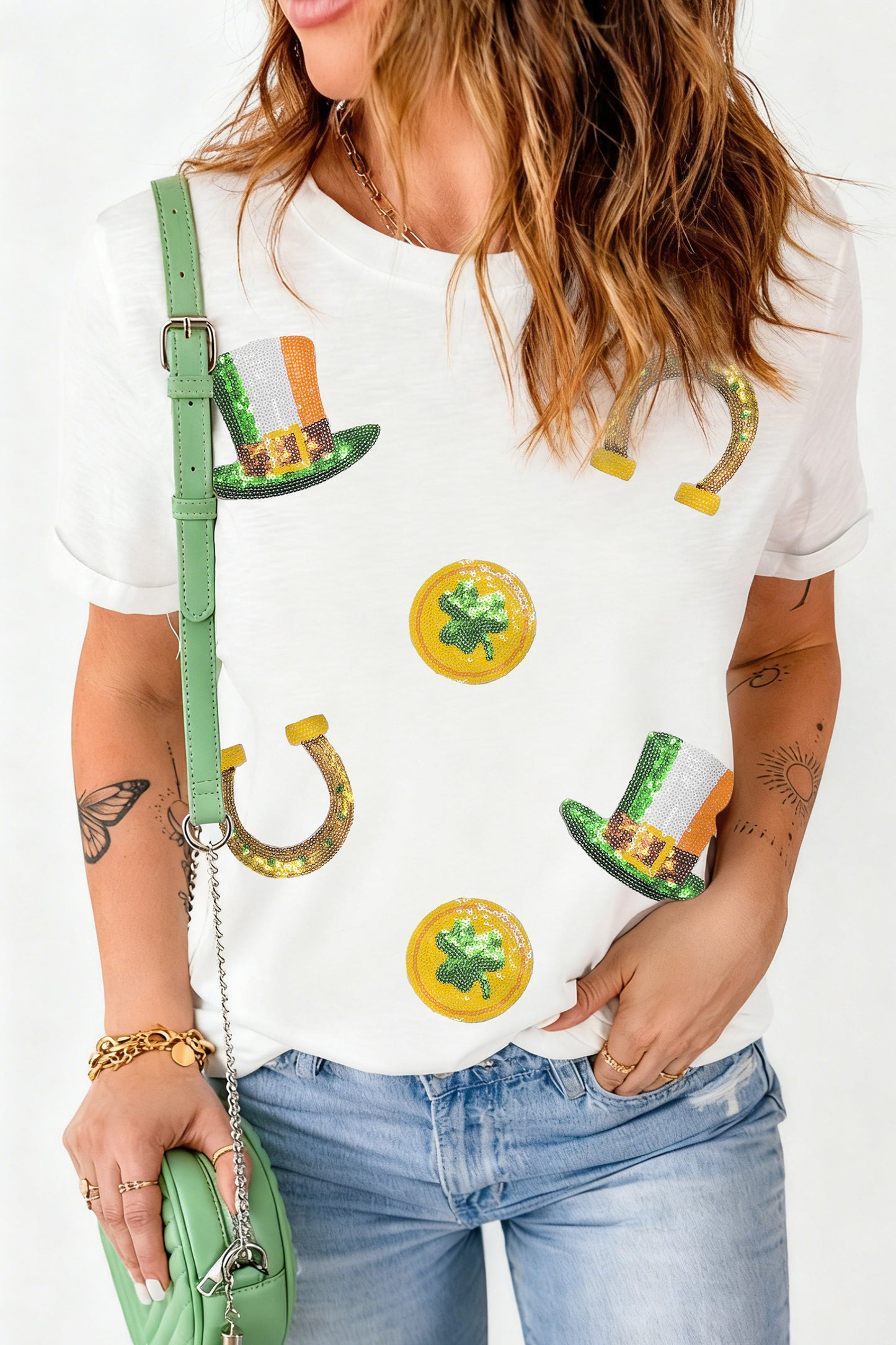 St. Patrick’s White Sequin Clover Coin Graphic Tee