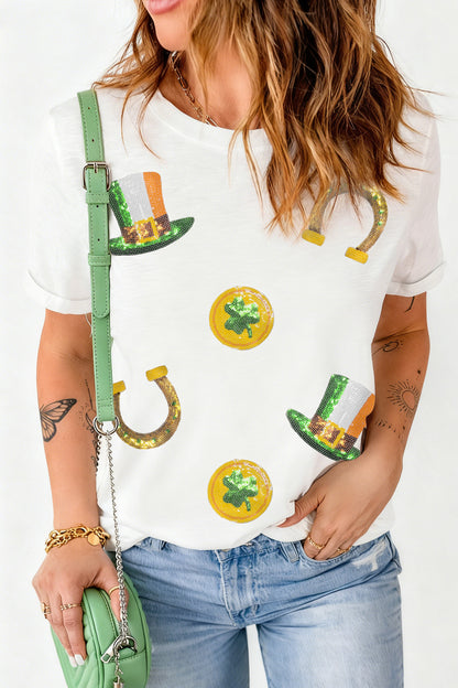 St. Patrick’s White Sequin Clover Coin Graphic Tee