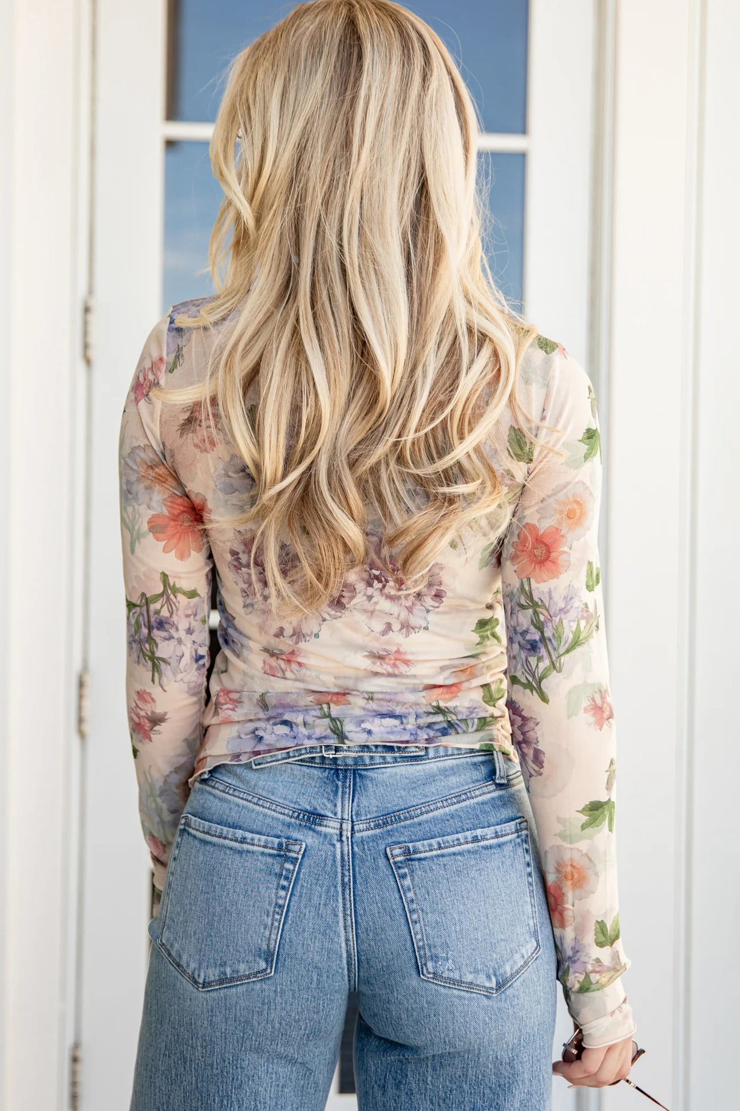 Apricot Floral Mesh Mock Neck Thumbhole Long Sleeve Top