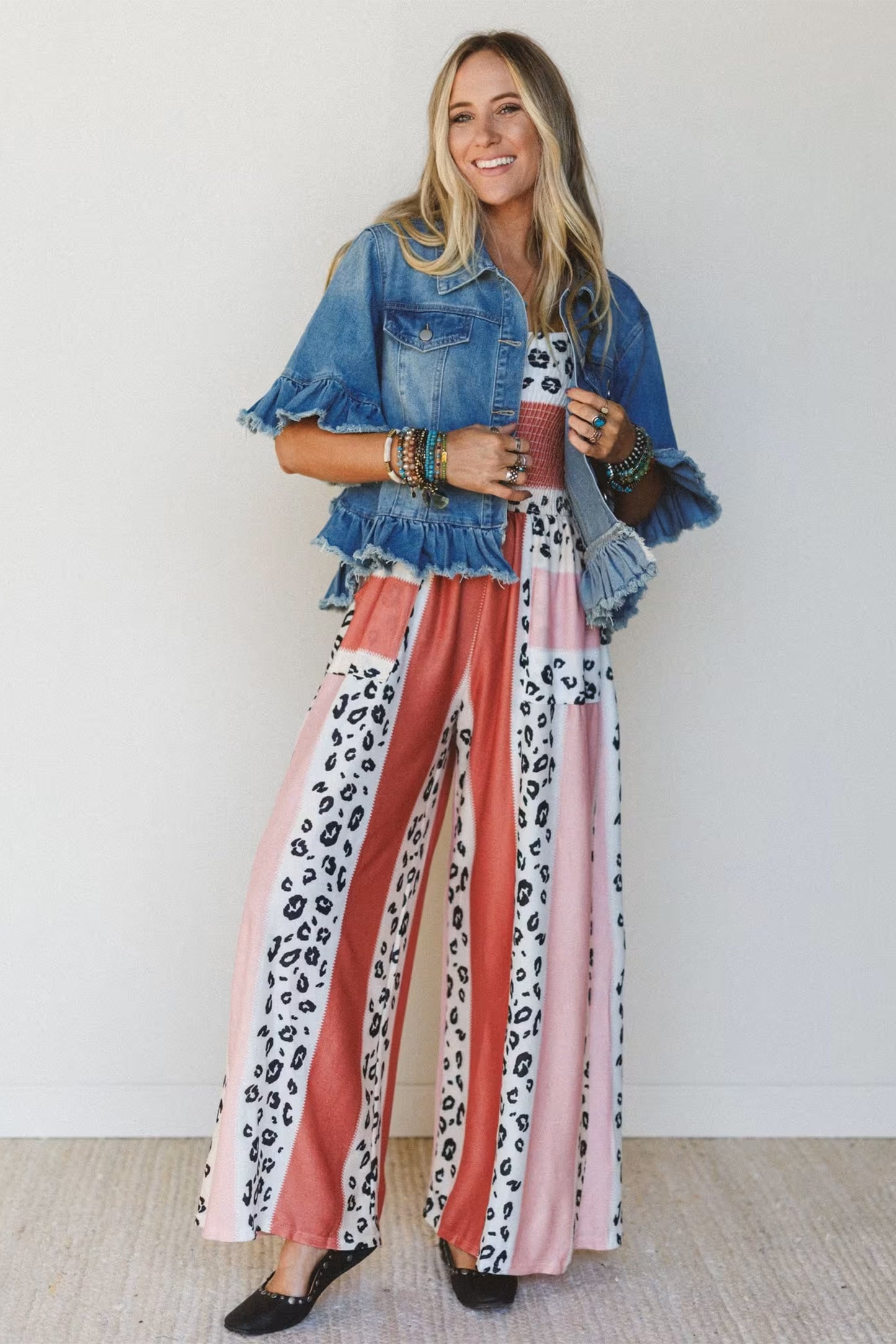 Ruffle Trim Raw Hem Half Sleeve Cropped Denim Jacket
