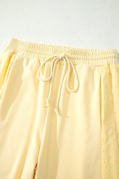 Yellow Cream Eyelet Embroidered Lace Patchwork Cropped Pullover Drawstring Pants Set