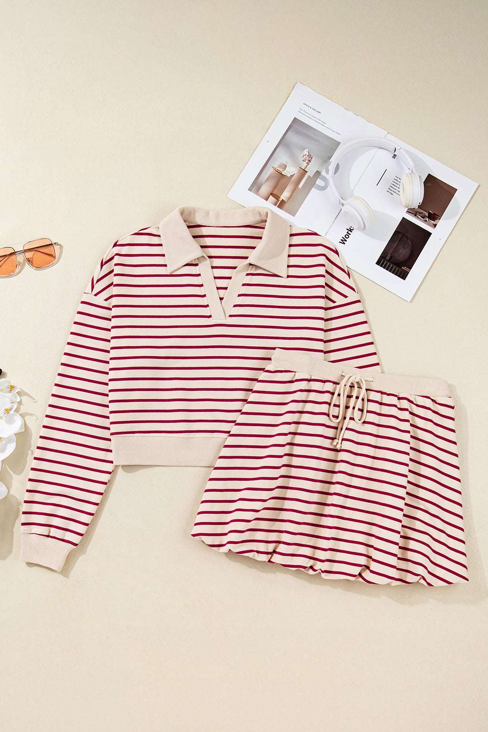 Red Stripe Collared Cropped Top & Bubble Skirt Set