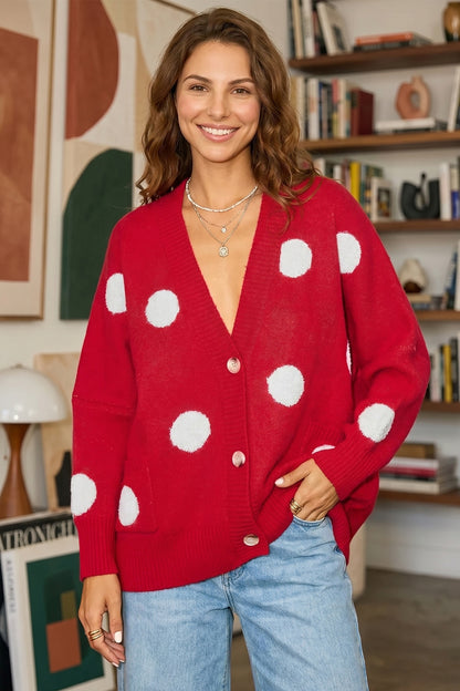 Polka Dot Oversized V Neck Knit Cardigan Sweater
