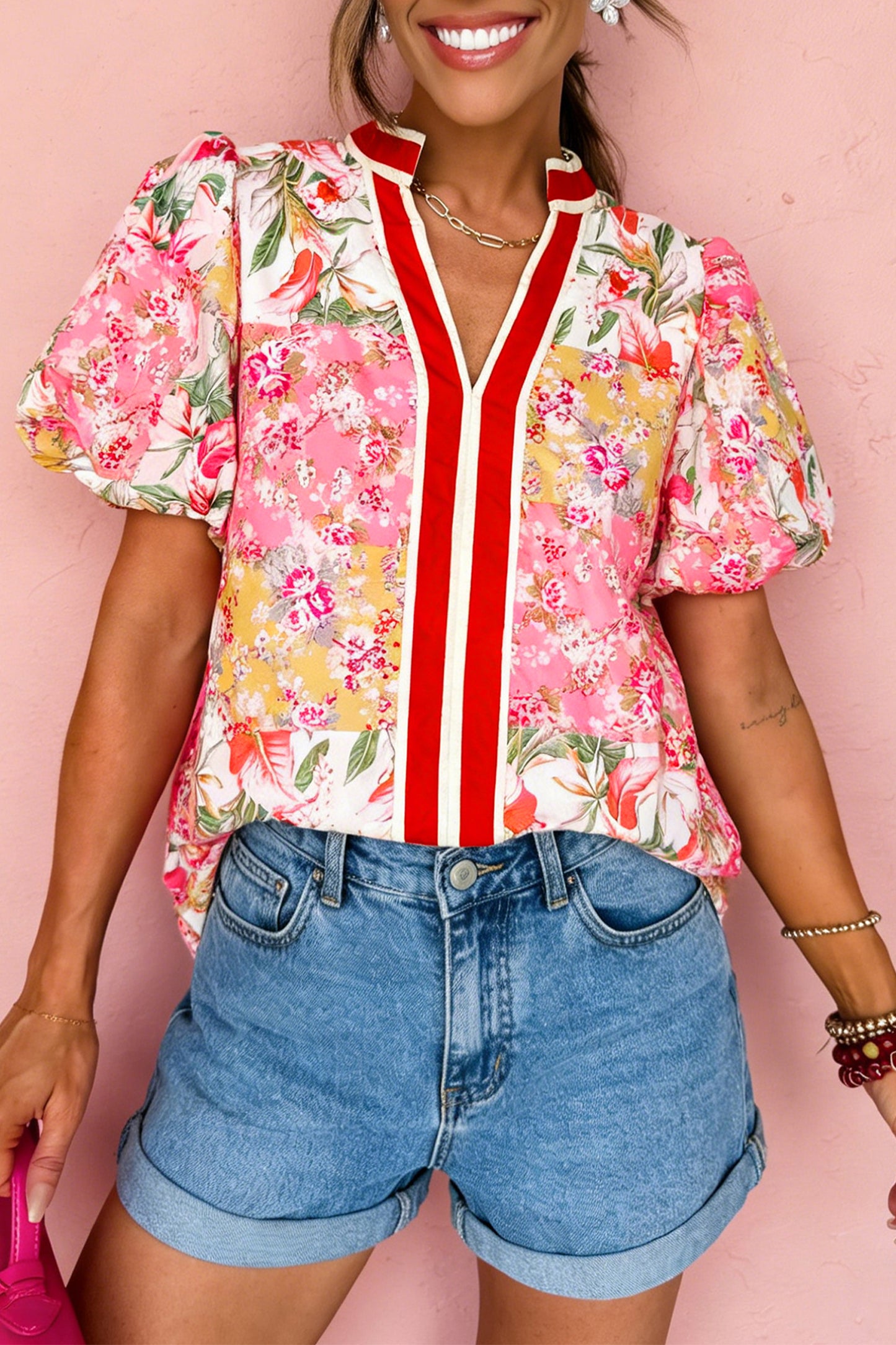 Pink Floral V Neck Puff Sleeve Blouse Women Summer Top