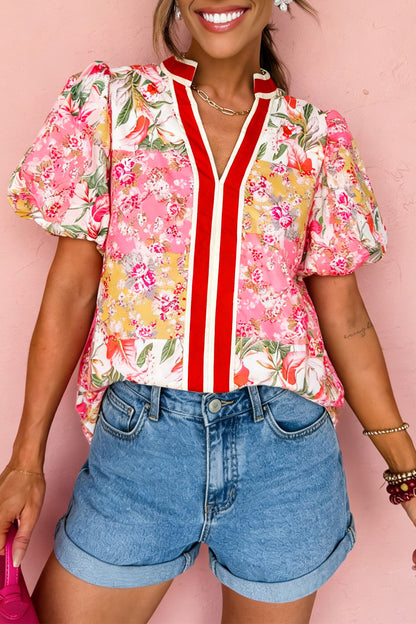 Pink Floral V Neck Puff Sleeve Blouse Women Summer Top