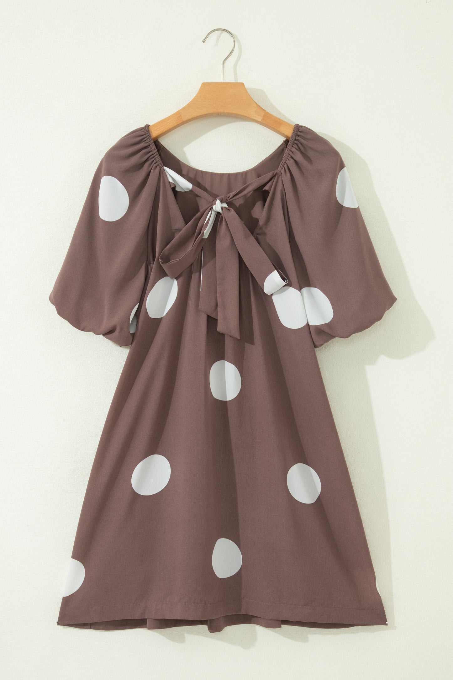 Brown Polka Dot Puff Sleeve Loose Fit Mini Dress