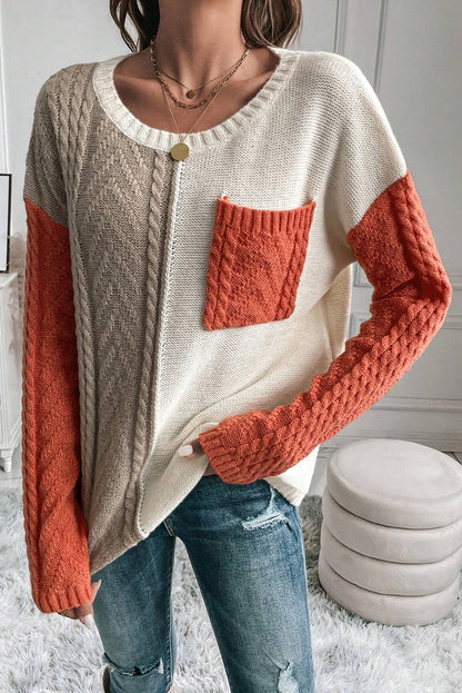 Gold Flame Colorblock Cable Knit Sweater Drop Shoulder