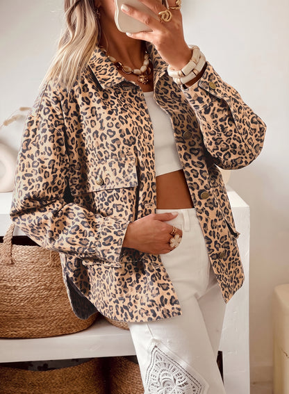 Leopard Print Denim Shacket Oversized Long Sleeve