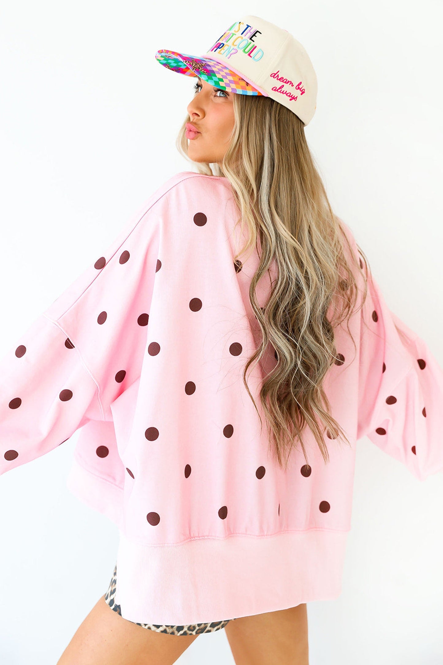 Polka Dot Oversized Long Sleeve Tee Split Hem