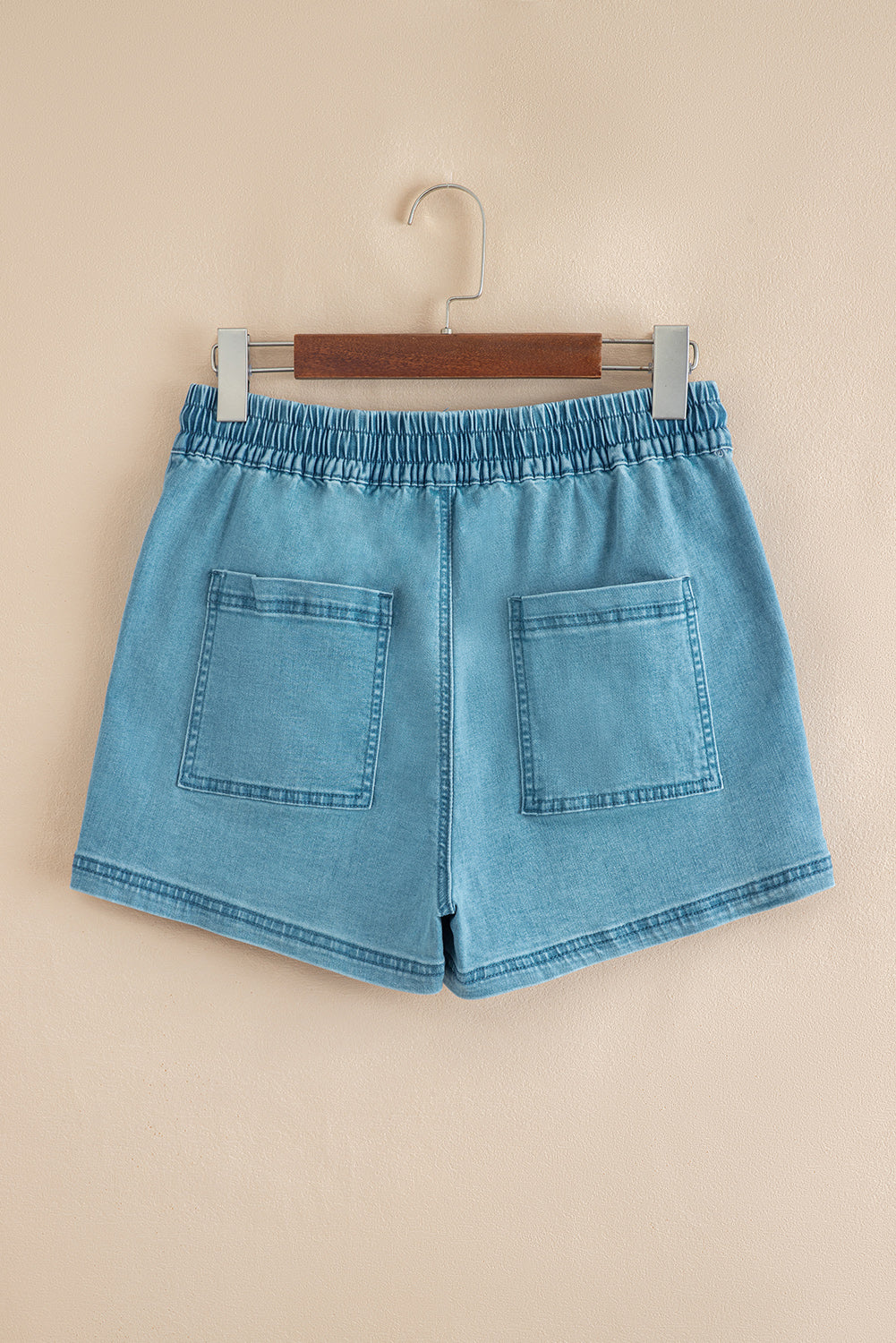 Light Wash Drawstring Denim Shorts Elastic Waist Pockets