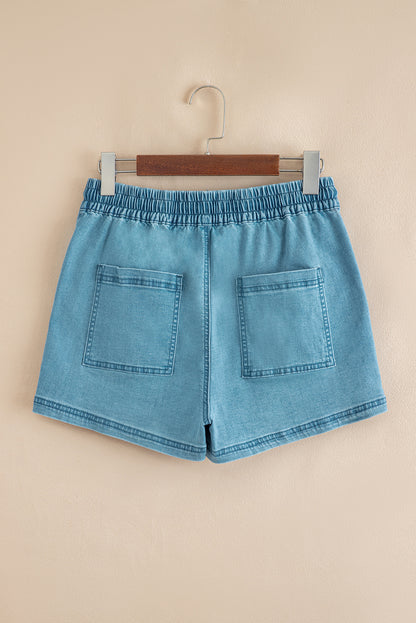 Light Wash Drawstring Denim Shorts Elastic Waist Pockets