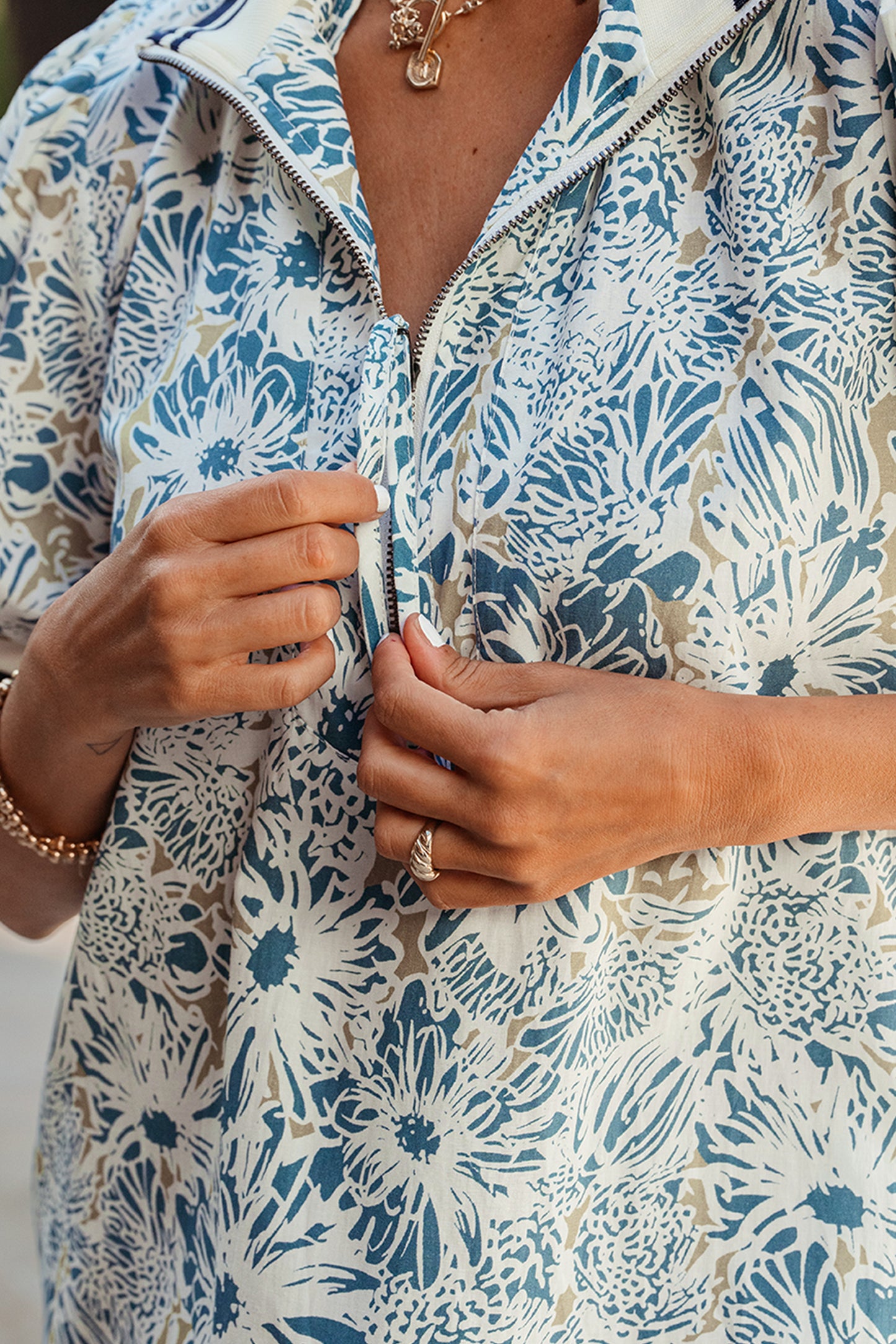 Blue Floral Zip Up Collared Mini Dress