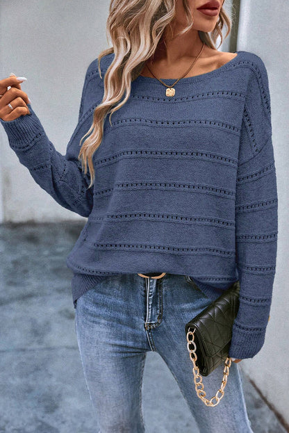 Light Grey Boat Neck Drop Shoulder Pointelle Knit Sweater