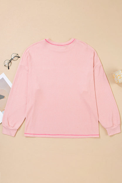 Bonbon Ribbed Exposed Seam Round Neck Chest Pocket Plus Knit Top