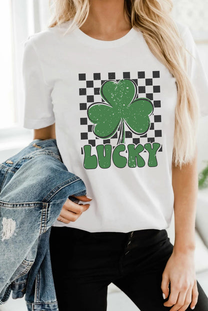 St. Patrick’s White Lucky Clover Checker Graphic Tee
