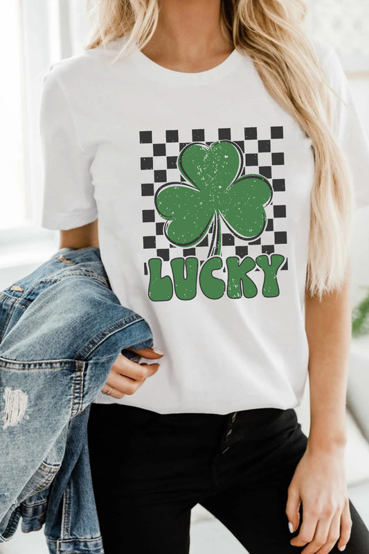 St. Patrick’s White Lucky Clover Checker Graphic Tee