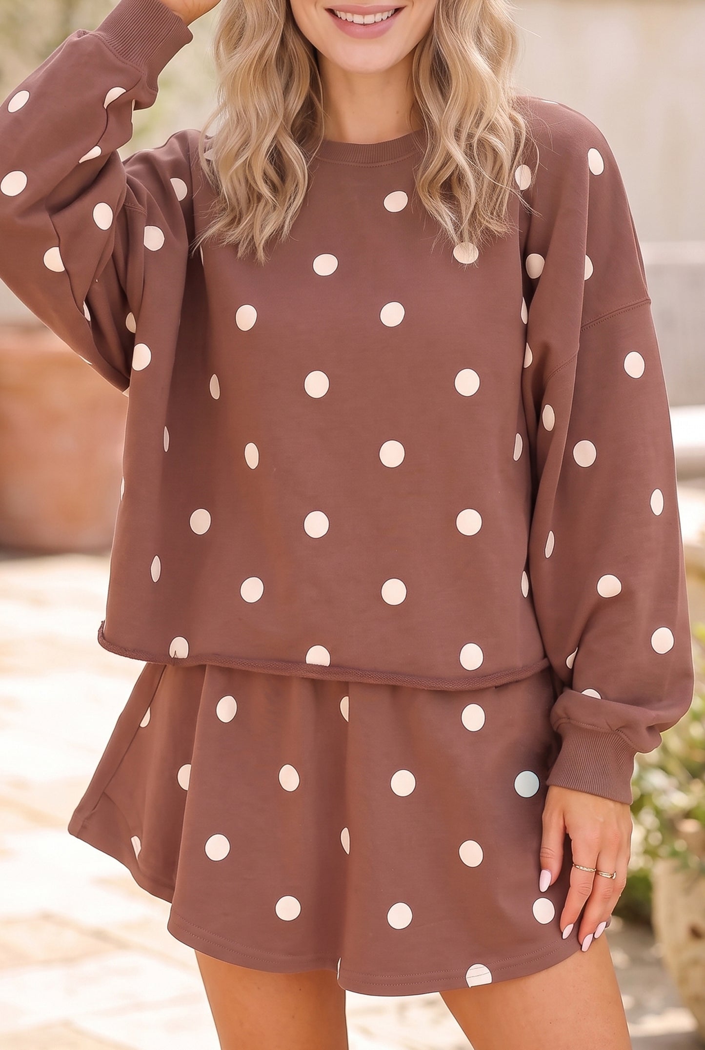 Brown Polka Dot Sweatshirt Skort Two Piece Set
