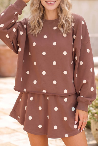 Brown Polka Dot Sweatshirt Skort Two Piece Set