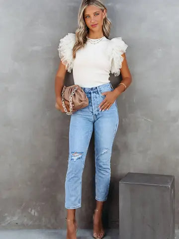 White Polka Dot Mesh Ruffle Sleeve Ribbed Knit Top