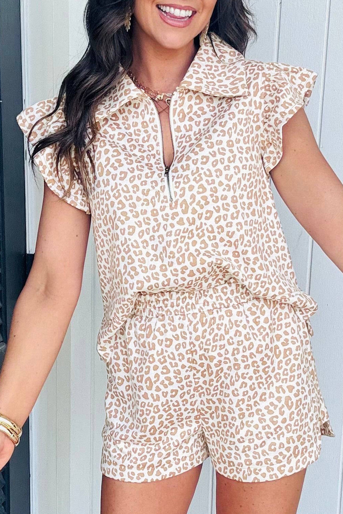 Leopard Ruffle Zip Polo Two Piece Short Set Women