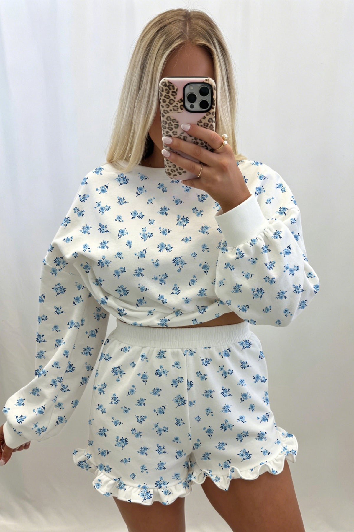 Blue Floral Sweatshirt & Ruffle Shorts 2 Piece Set