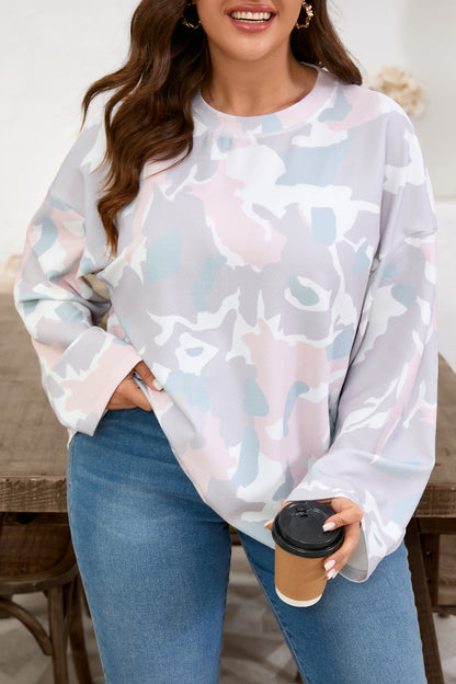 Plus Size Pink Green Camo Drop Shoulder Loose Pullover Top
