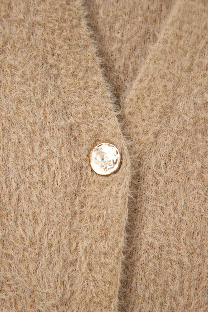Soft Fuzzy Button Front Long Knit Cardigan with Pockets