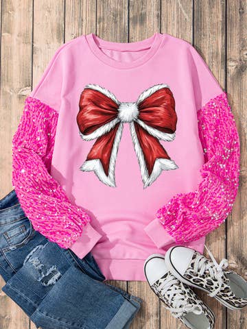 Christmas Bow Pattern Pink Pullover Sweater with Patchwork Sleeves