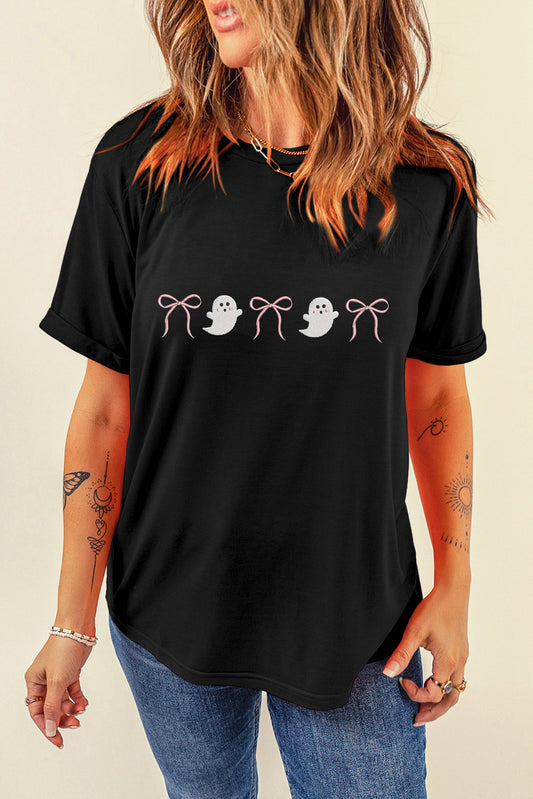 Halloween Ghost Bow Embroidered Graphic Short Sleeve Tee
