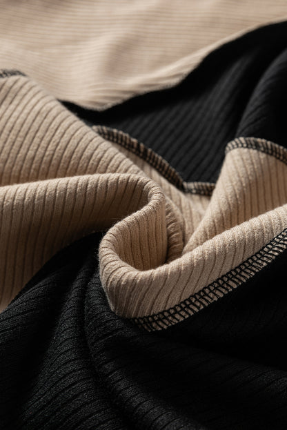 Irregular Color Block Rib Knit Long Sleeve Top